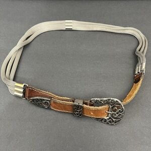 Vtg‎ Women Mixed Media Belt L Filigree Buckle Leather Multi-Strand Mesh Metal
